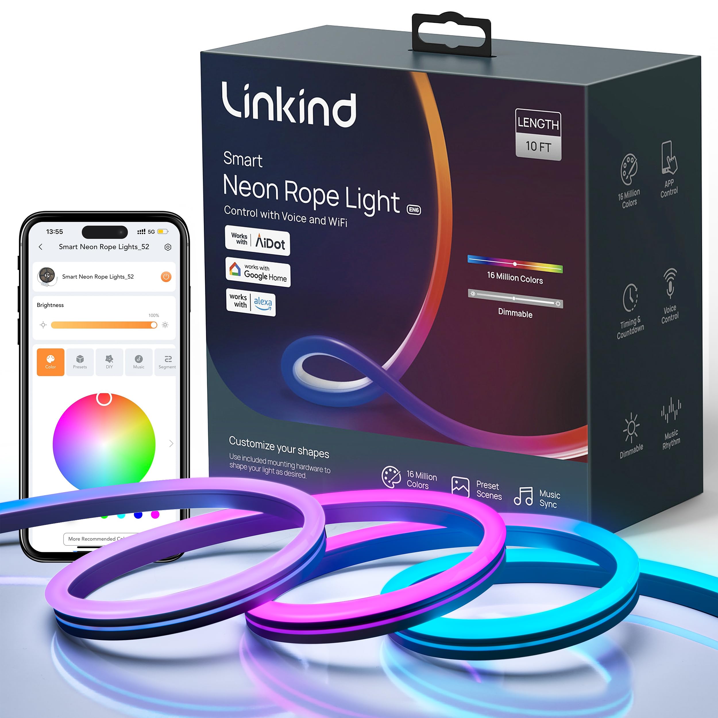 Amazon.com: Linkind EN6 Neon Rope Light, 10FT LED Light Strip with